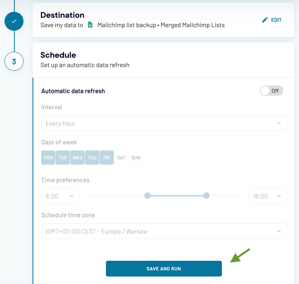 10. Coupler.io export Mailchimp lists run