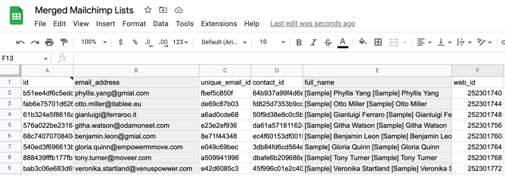 11. Coupler.io merge Mailchimp lists result example