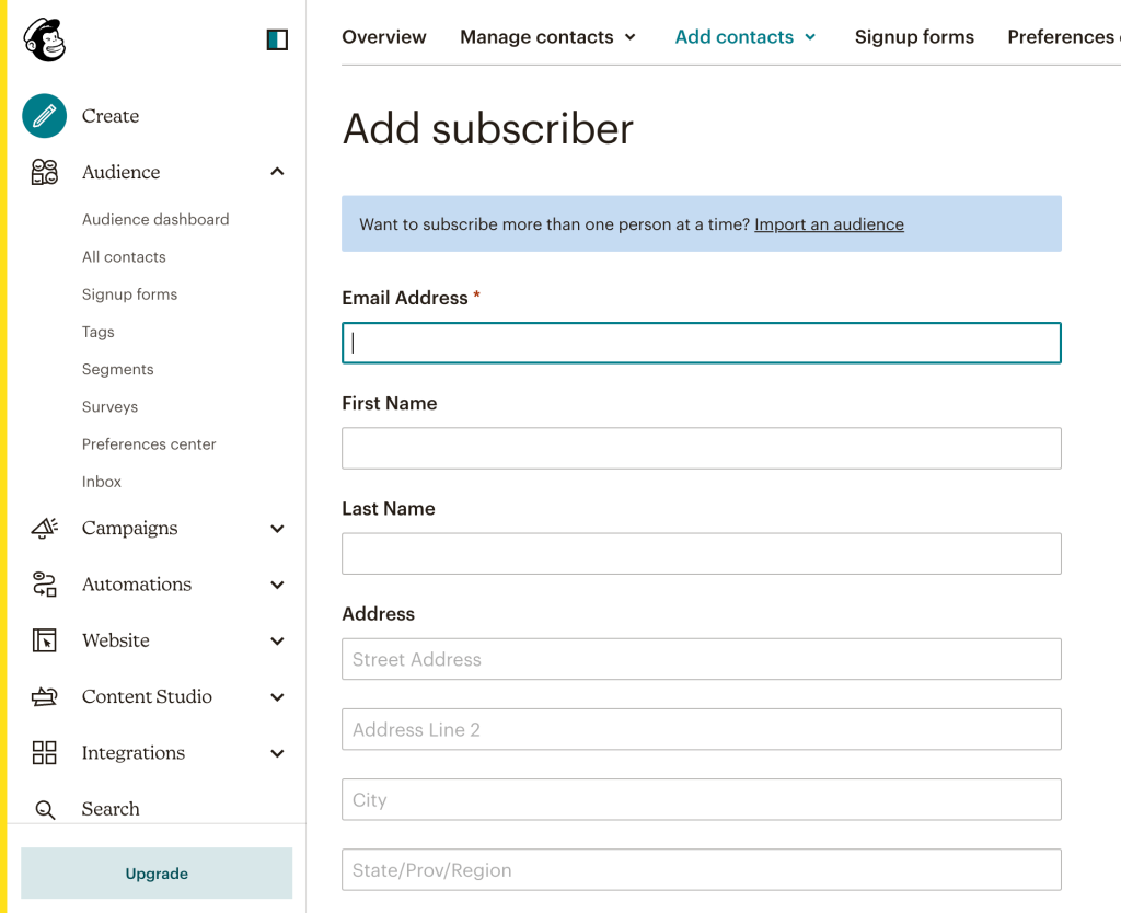 2. Mailchimp add subscriber manually