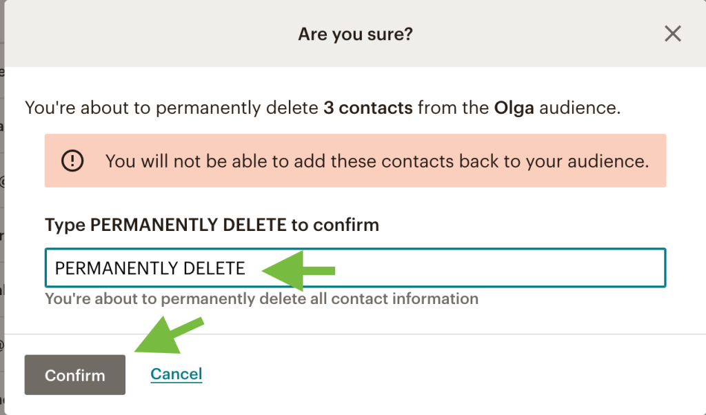 36. Mailchimp delete contacts confirm