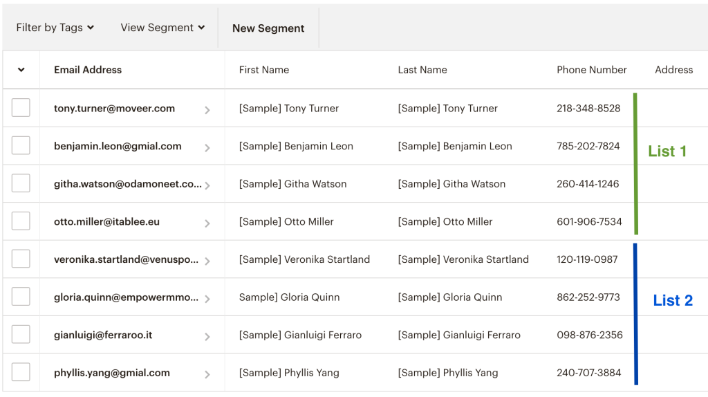 7. Mailchimp merged lists result example 1