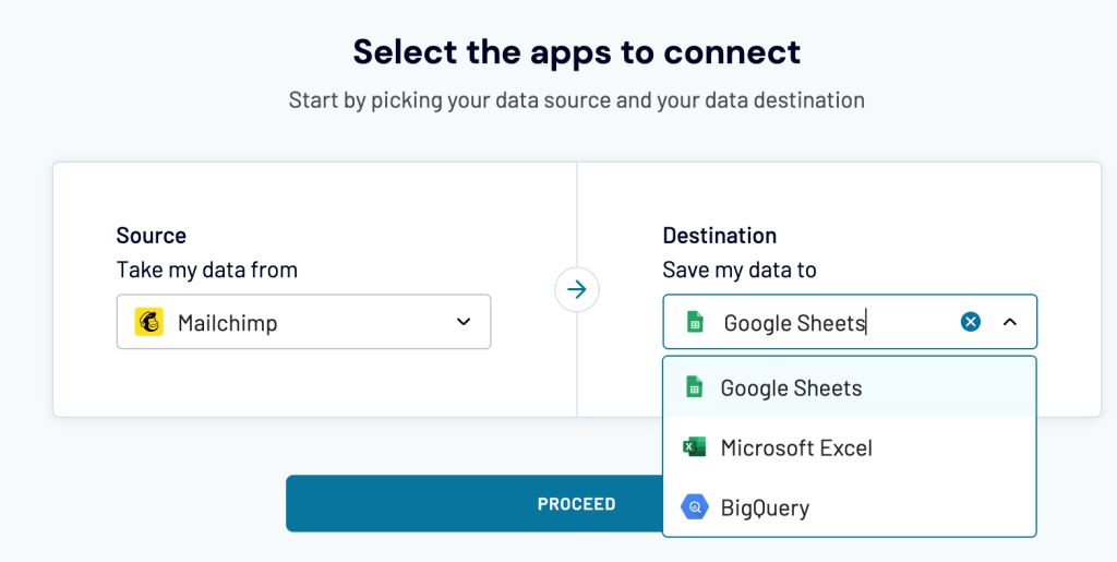 8. Coupler.io export Mailchimp lists select destination
