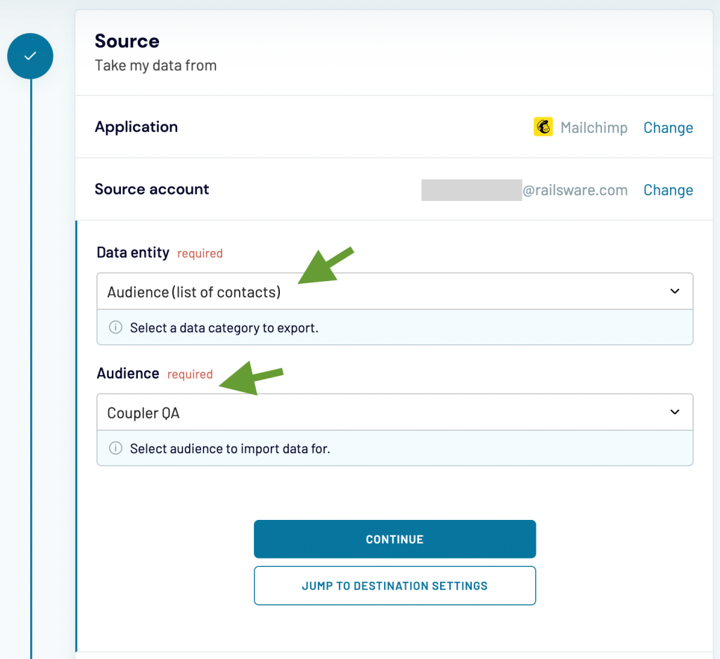 9. Coupler.io export Mailchimp lists select audience