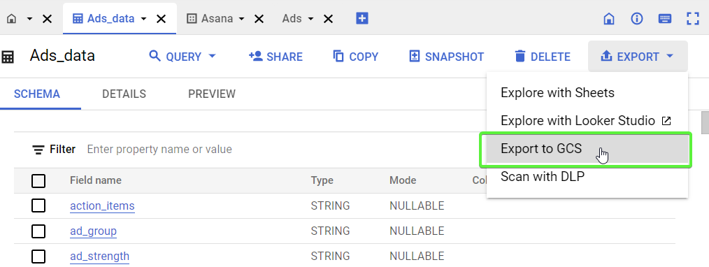 exportación de bigquery a gcp