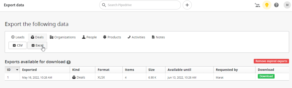 export data pipedrive deals