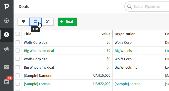 list view pipedirve deals