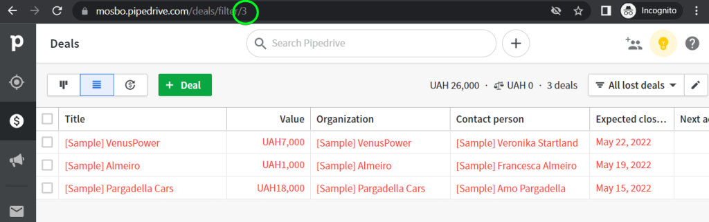 pipedrive filter id
