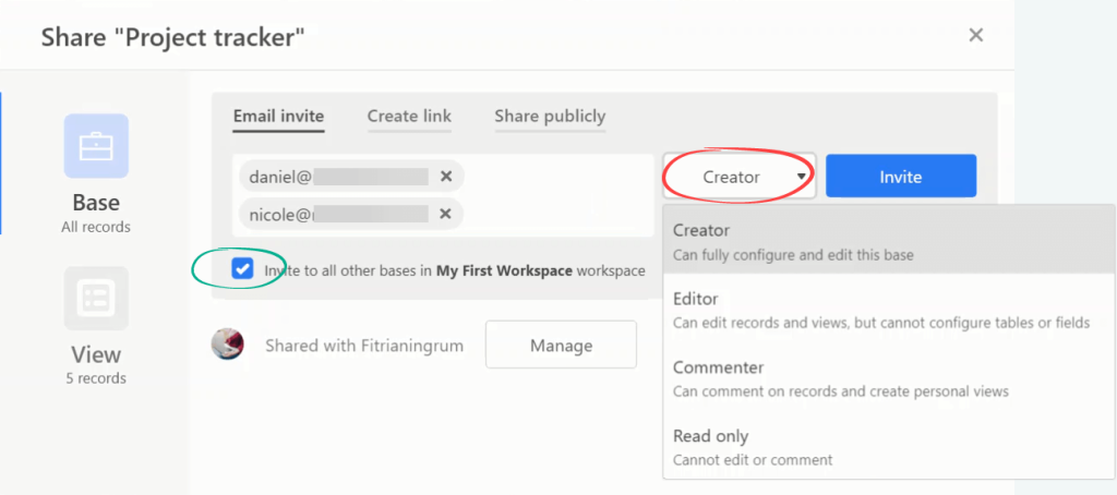Figure 4.4.2. Sharing a base the share dialog box