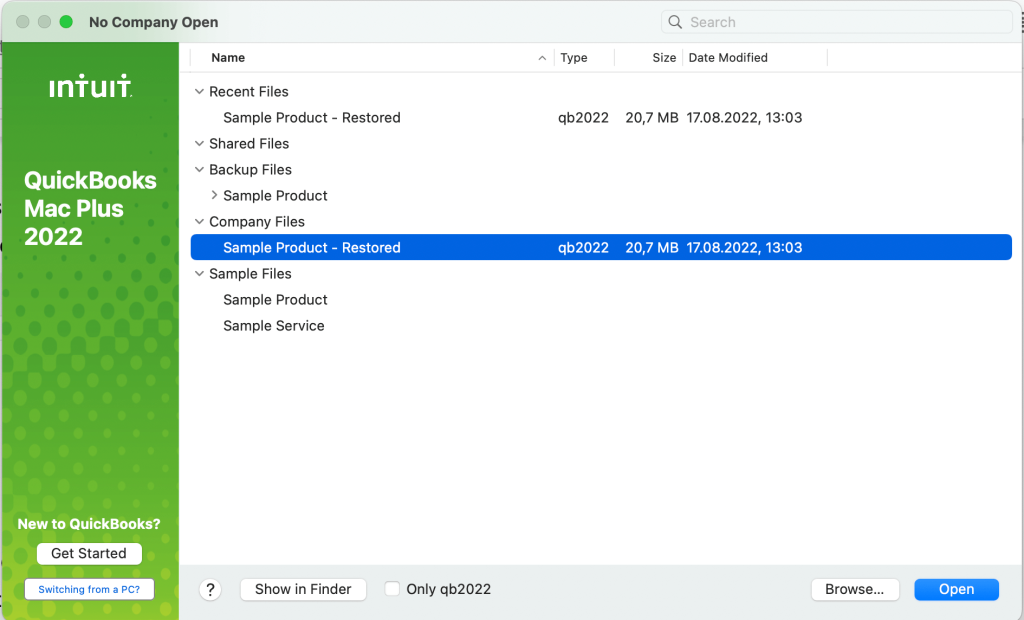 12. QuickBooks backup restored file example 2