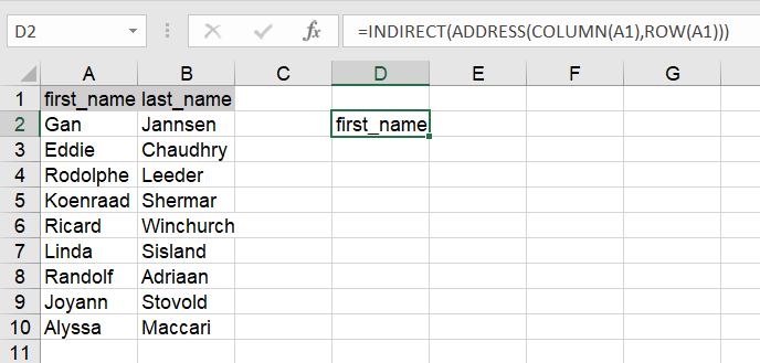 2.1 columns to rows in excel indirect address