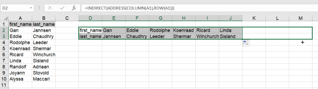2.2 columns to rows in excel indirect address