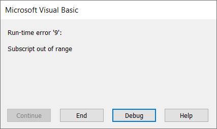 Figure 4. Excel VBA Subscript out of range error
