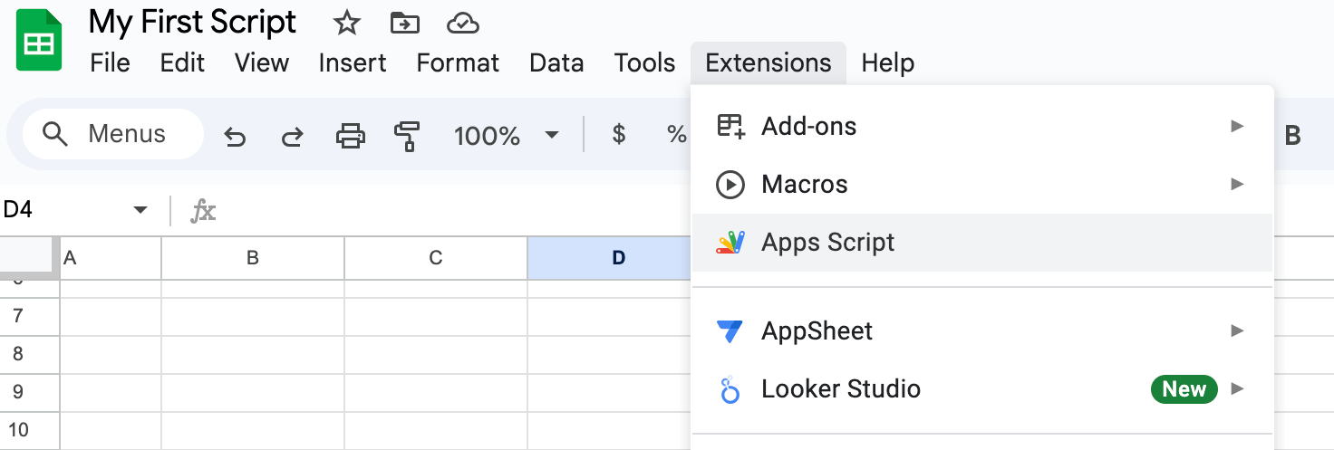 0.1. Navigating to Apps Script in the Google spreadsheet