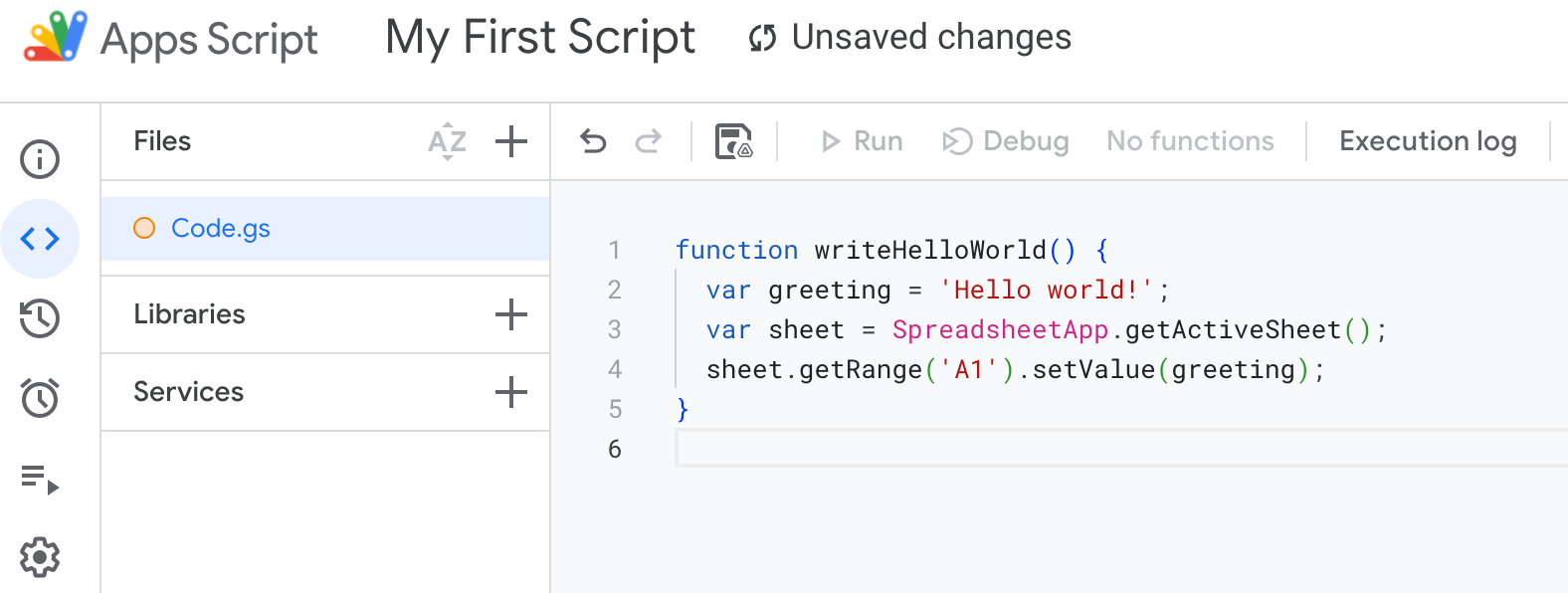 0.3. Adding the first function to the Apps Script project