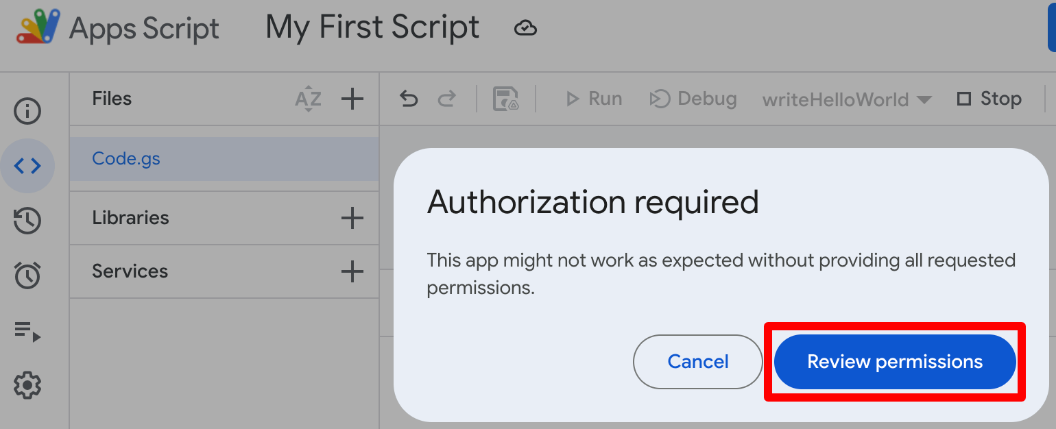 0.4. Reviewing permissions to authorize the Apps Script project