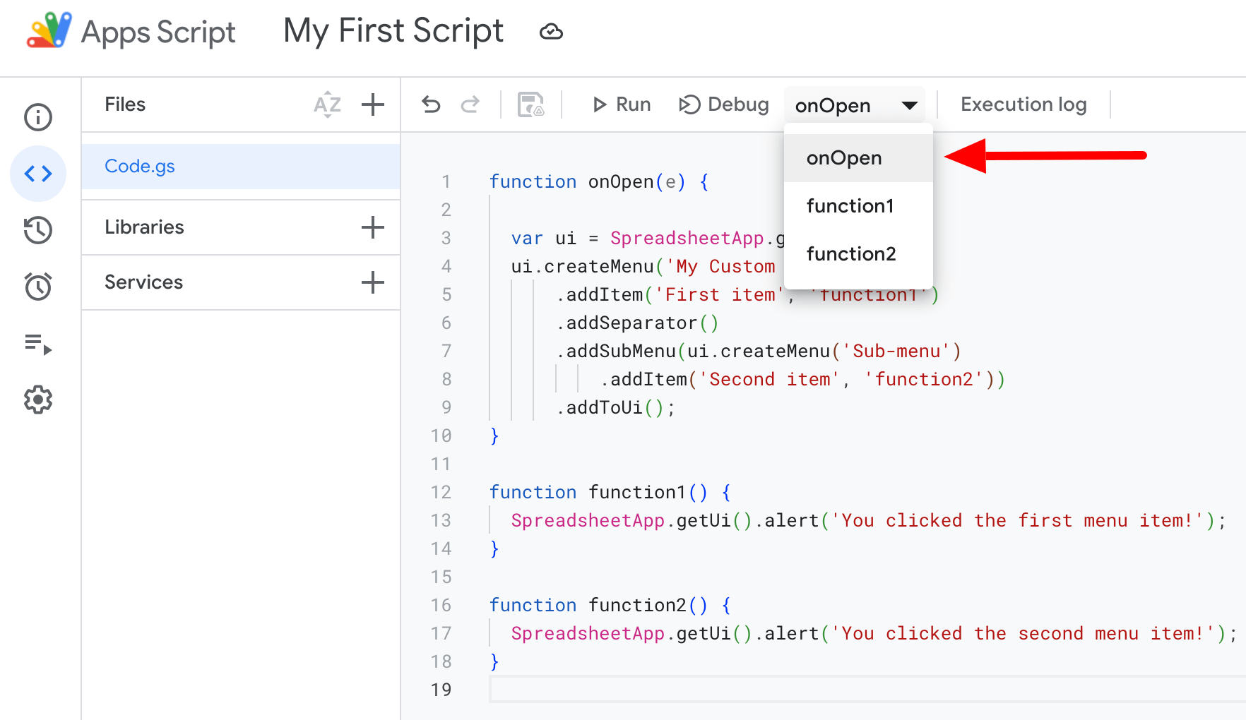 0.8. Adding the code for the custom menu within the onOpen() function