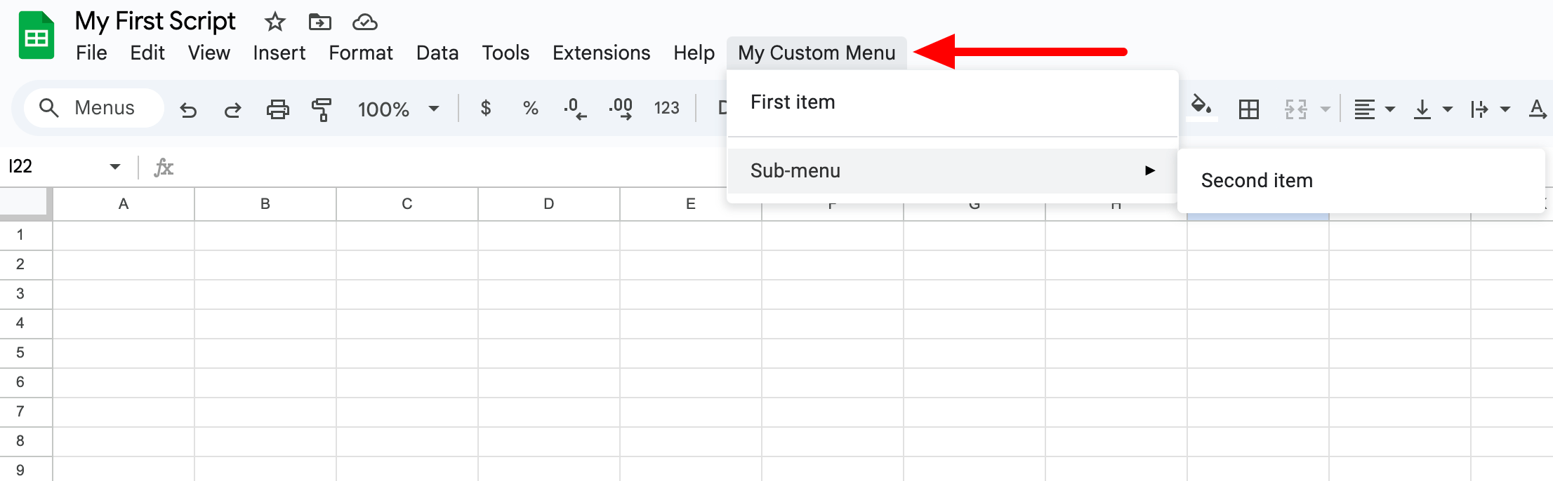 0.9. Custom menu in Google Sheets