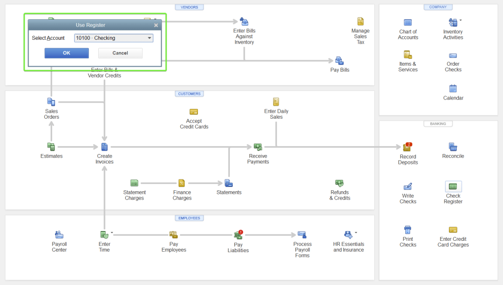 1.1check register quickbooks desktop select account