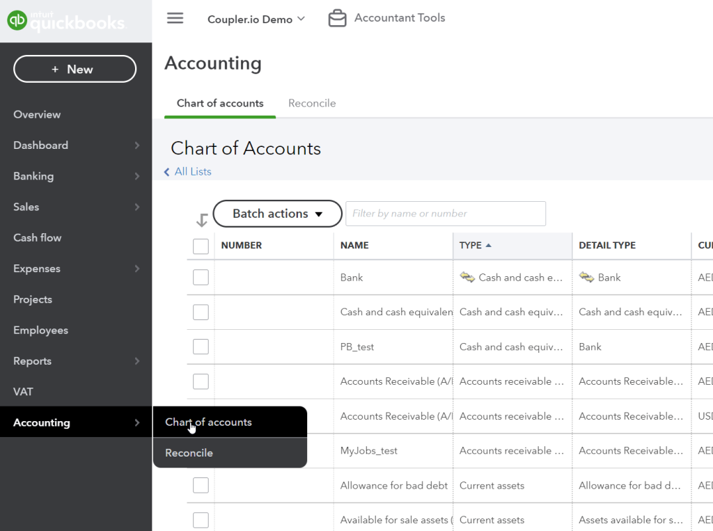 2.0 chart of accounts quickbooks online