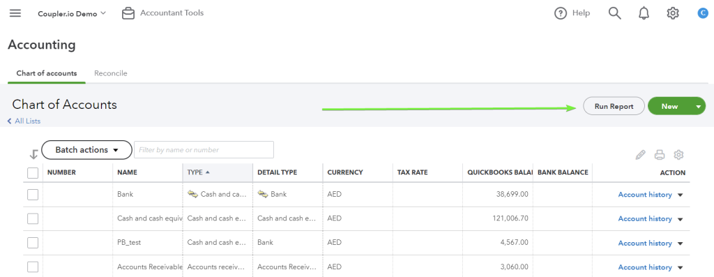 2.1 chart of accounts quickbooks online run report