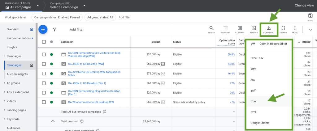 4. Google Ads download data as xlsx