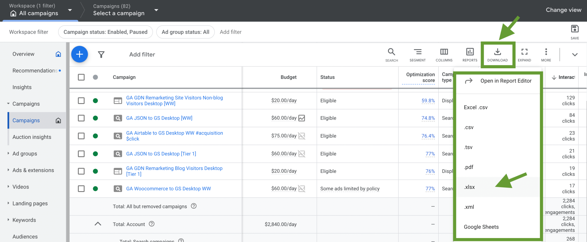 4. Google Ads descargar datos como xlsx