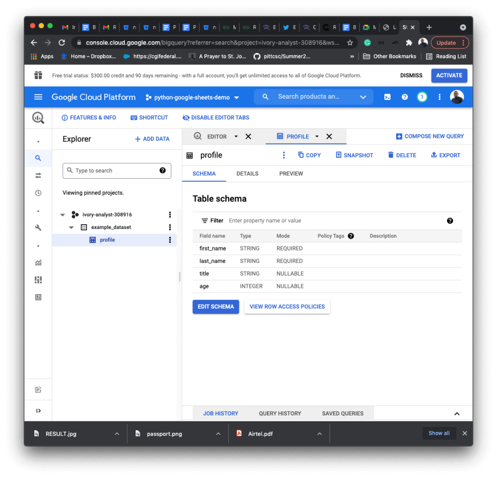 Create a table in BigQuery with Python