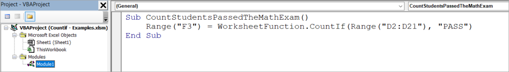 Figure 4.4. COUNTIF VBA Count the number of students who passed the exam