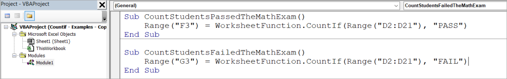 Figure 4.6. COUNTIF VBA Count the number of students who failed the exam