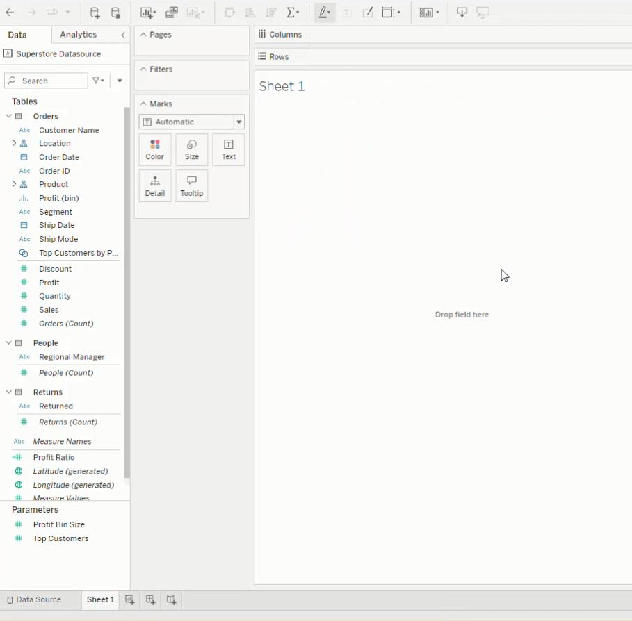 3 The Superstore Datasource is loaded into the Workbook