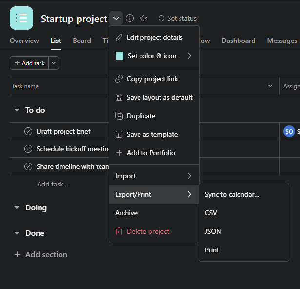 1 backup asana project