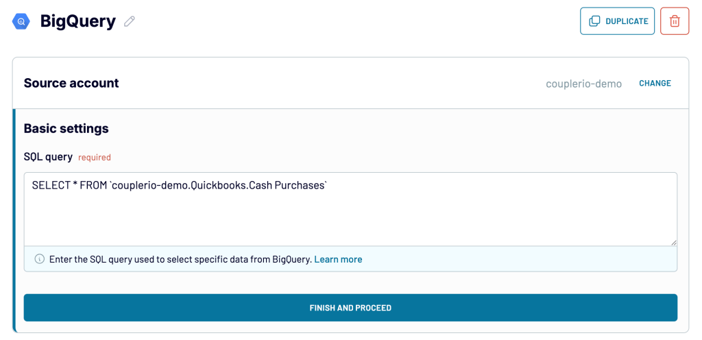 2 bigquery export data specifying query in coupler