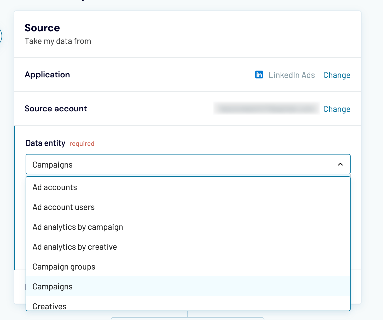 2 entidades de datos de exportación de anuncios de linkedin