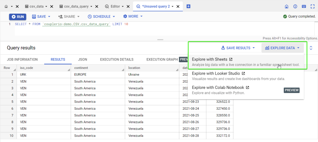 2.6 extract bigquery query into google sheets