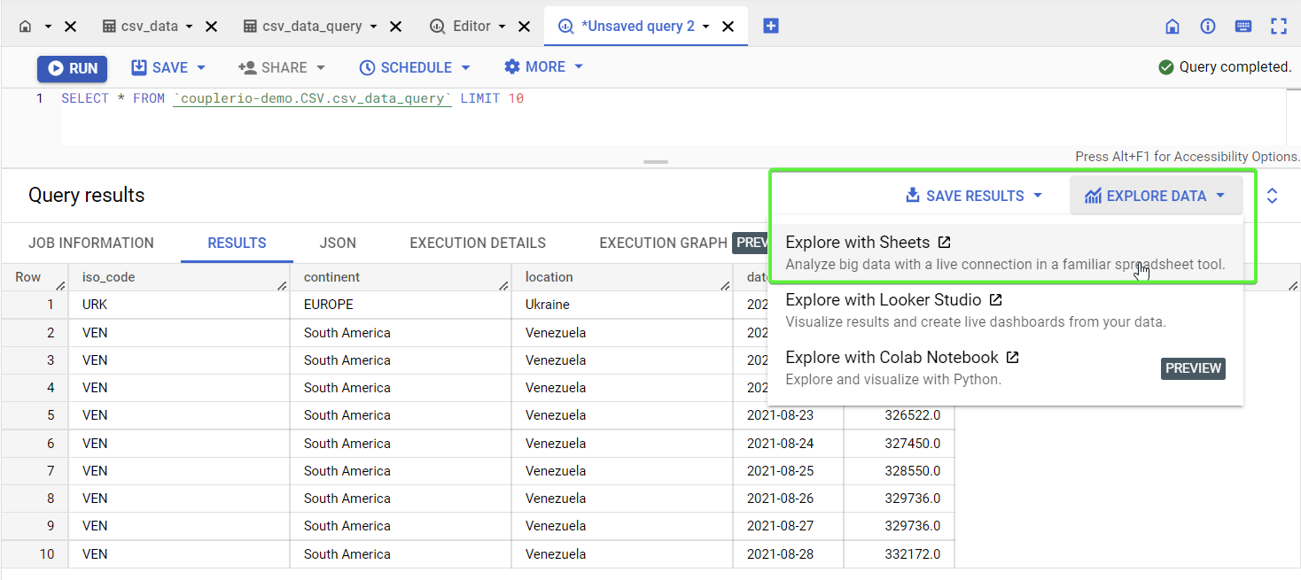 2.6 extraer la consulta de bigquery en google sheets