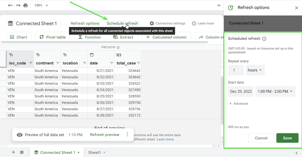 2.8 bigquery google sheets schedule refresh
