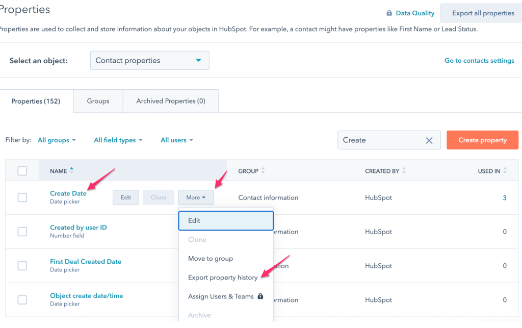 6 create date export property history