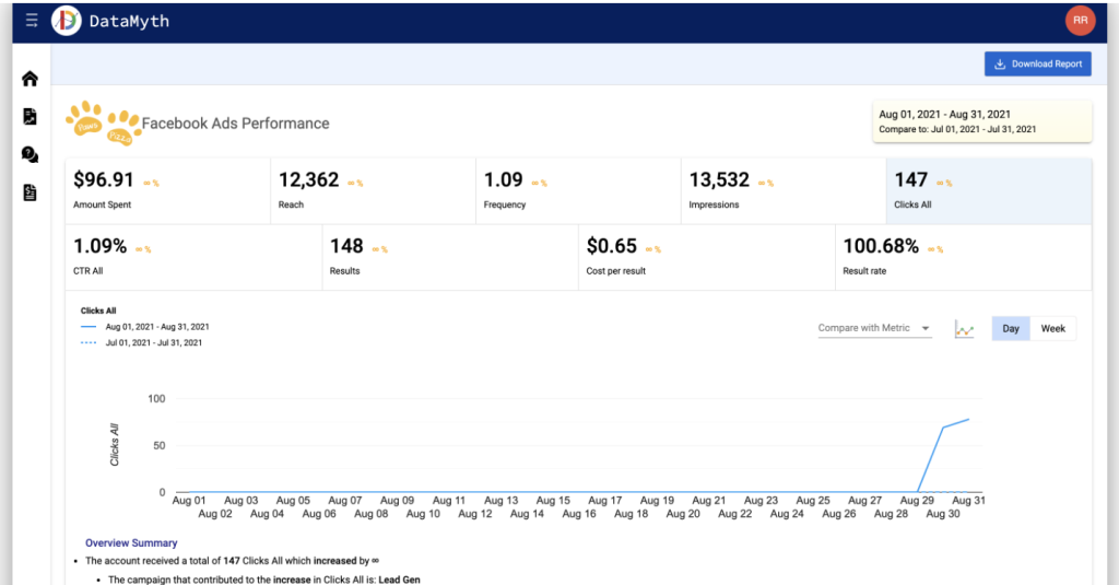 Facebook ads report template by DataMyth