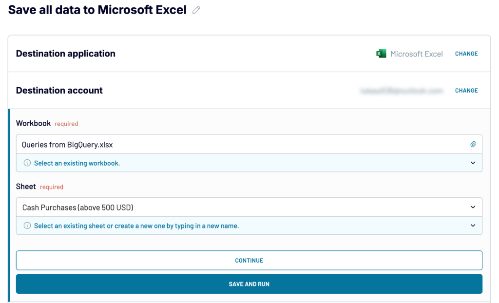 8 bigquery export data configuring excel as the destination