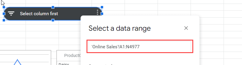 Figure 4.4.2. Entering a data range for the slicer