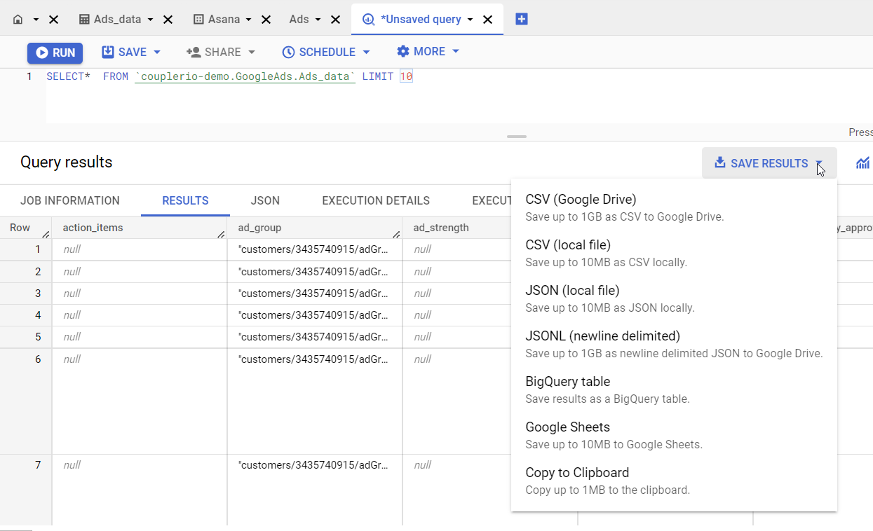 exportar resultados de bigquery