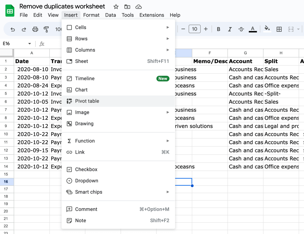 pivot table