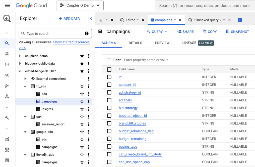 1 bigquery facebook ads import