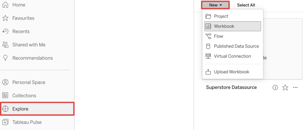 15. Choosing to create a new workbook in Tableau Cloud