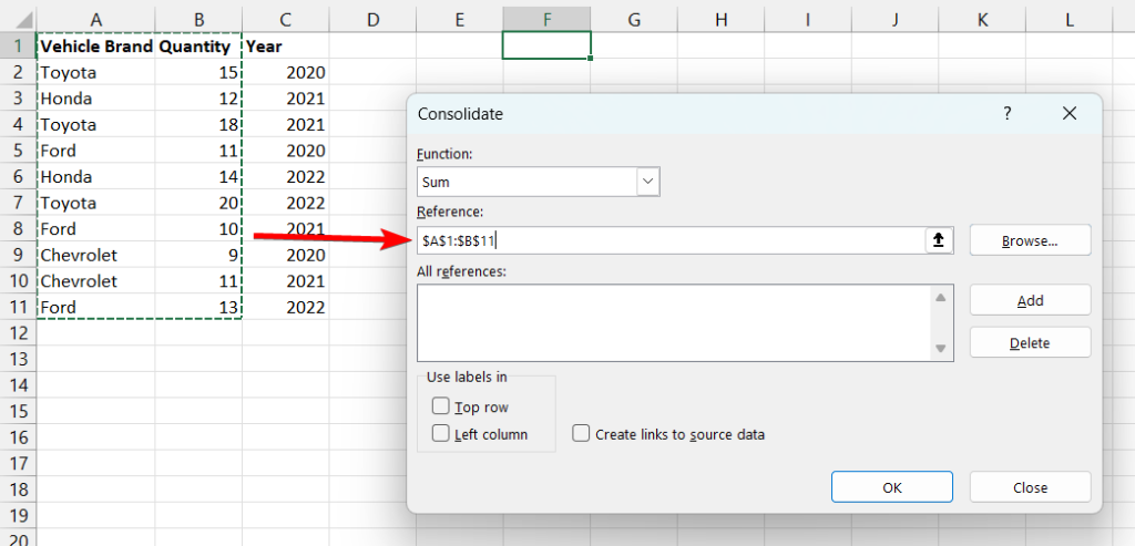 2.2.consolidate data in excel example select reference