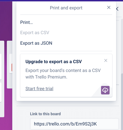 opciones de exportación de trello