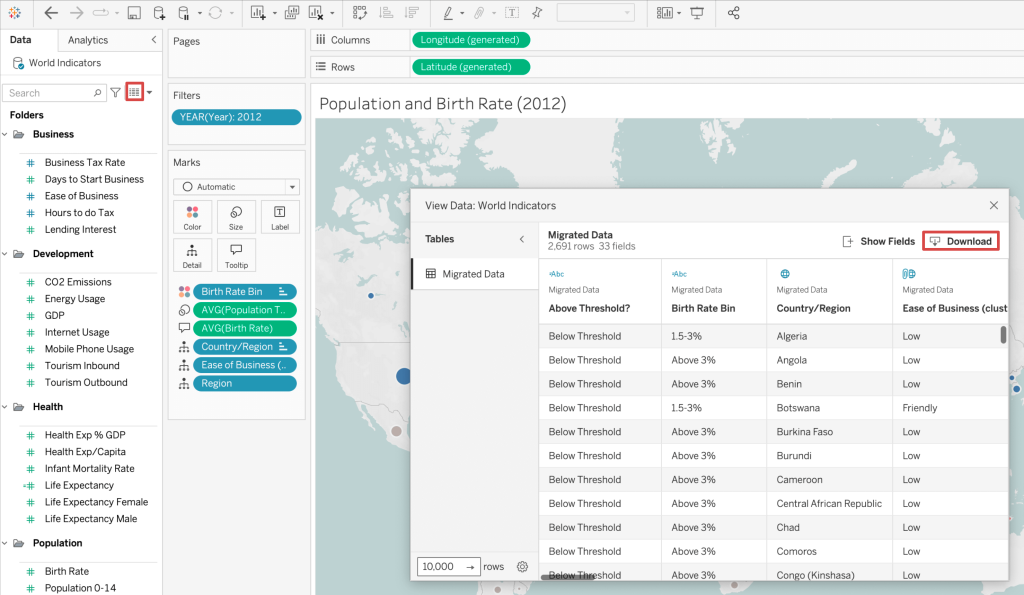7. Exporting data from the view in Tableau