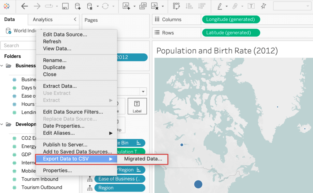 8. Exporting Tableau data to .csv by choosing from the data source options
