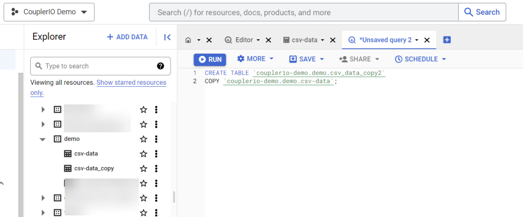 1.1 copy table bigquery sql query