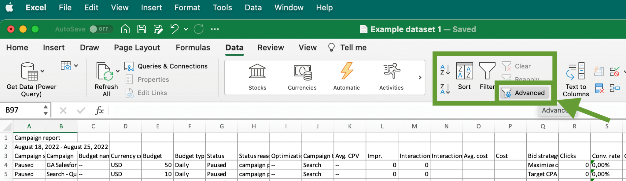 Filtro avanzado de Excel